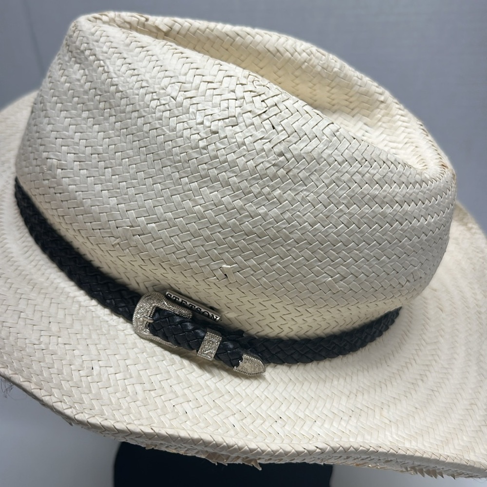 Stetson Cowboy Hat Western Straw Braided Belt Buckle Ivory Black Size Medium - Picture 2 of 10